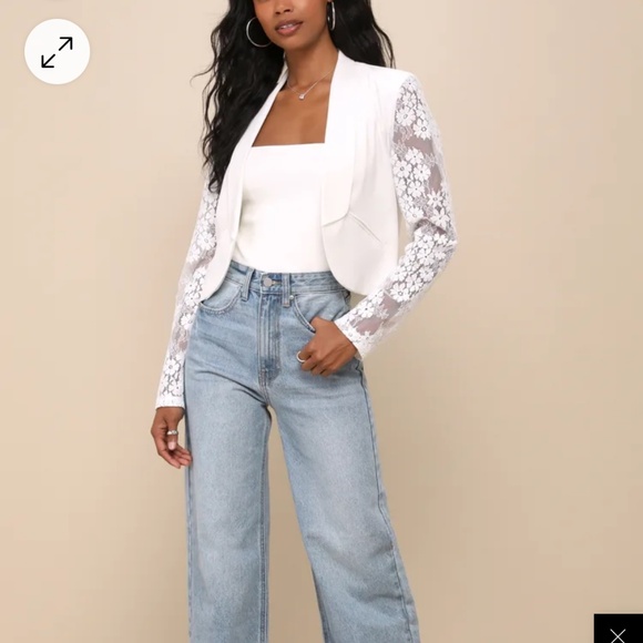 Lulus Luxe Elegance White Lace Sleeve Open-front Blazer - Size L - Picture 4 of 11